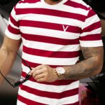 T-shirt bawełniany męski w paski KVO 2023 Ola Voga biało-bordowy