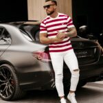 T-shirt bawełniany męski w paski KVO 2023 Ola Voga biało-bordowy