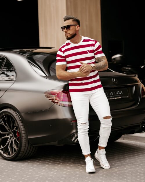 T-shirt bawełniany męski w paski KVO 2023 Ola Voga biało-bordowy