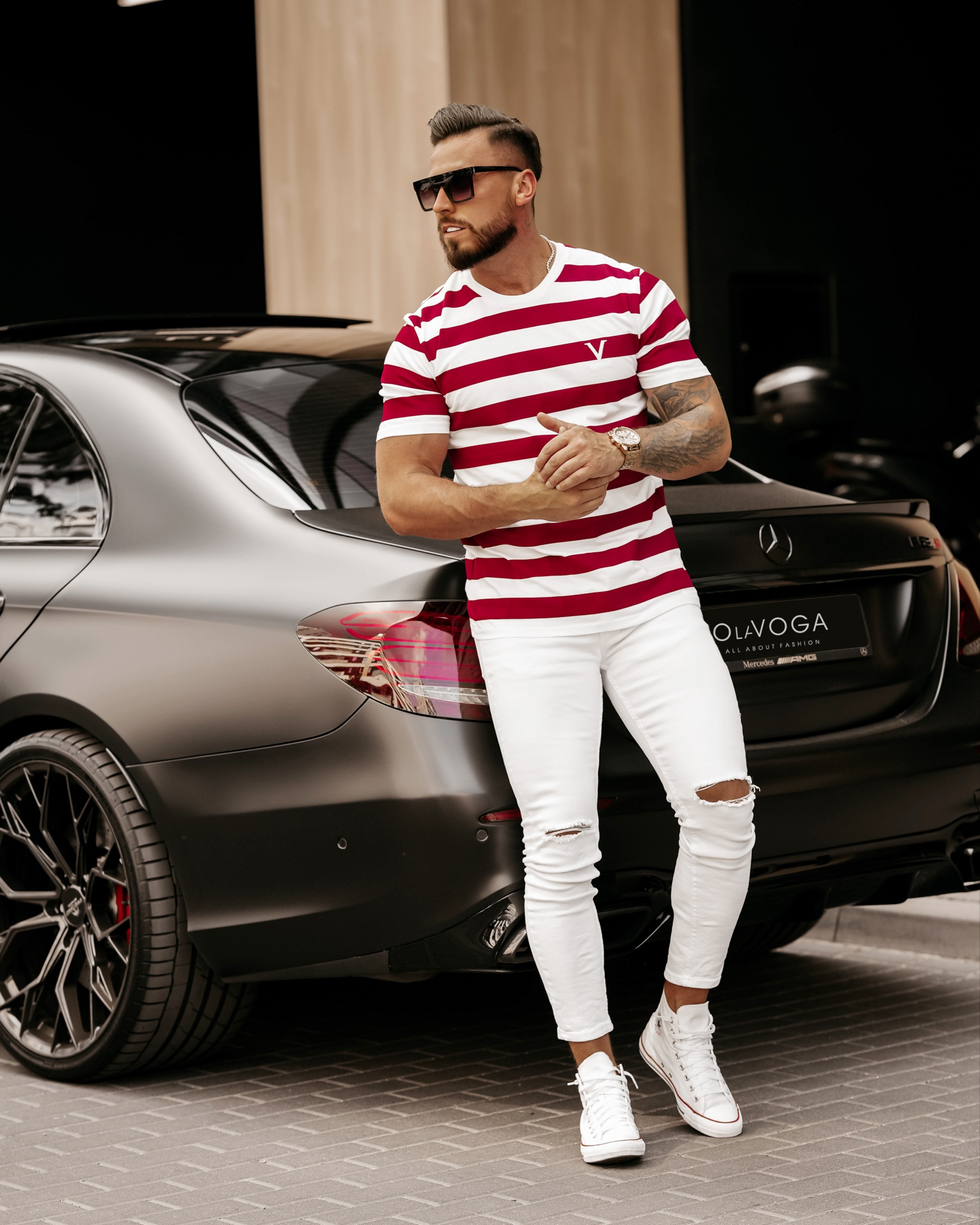 T-shirt bawełniany męski w paski KVO 2023 Ola Voga biało-bordowy