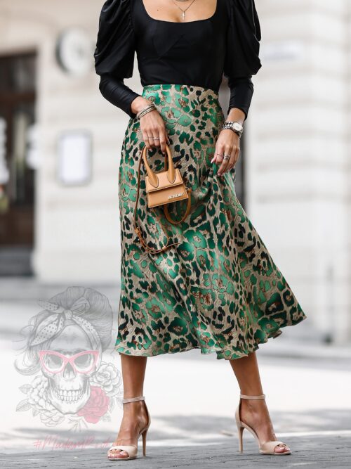 Spódnica satynowa Melodia w panterkę zielona