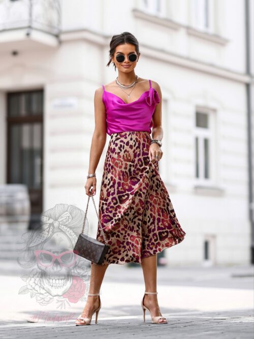 Spódnica satynowa Melodia w panterkę amarantowa