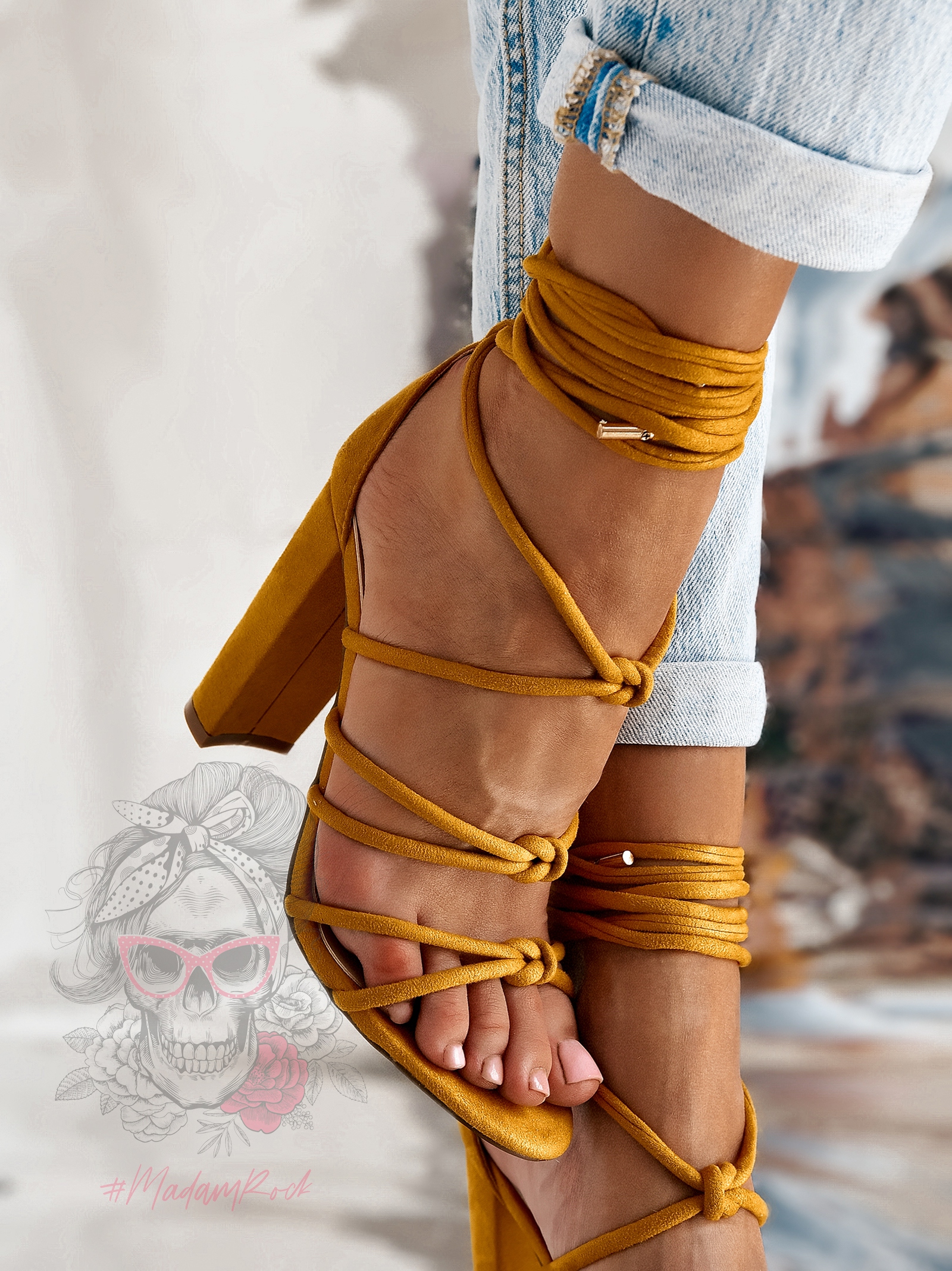 Sandały na słupku Madam Floyds żółte