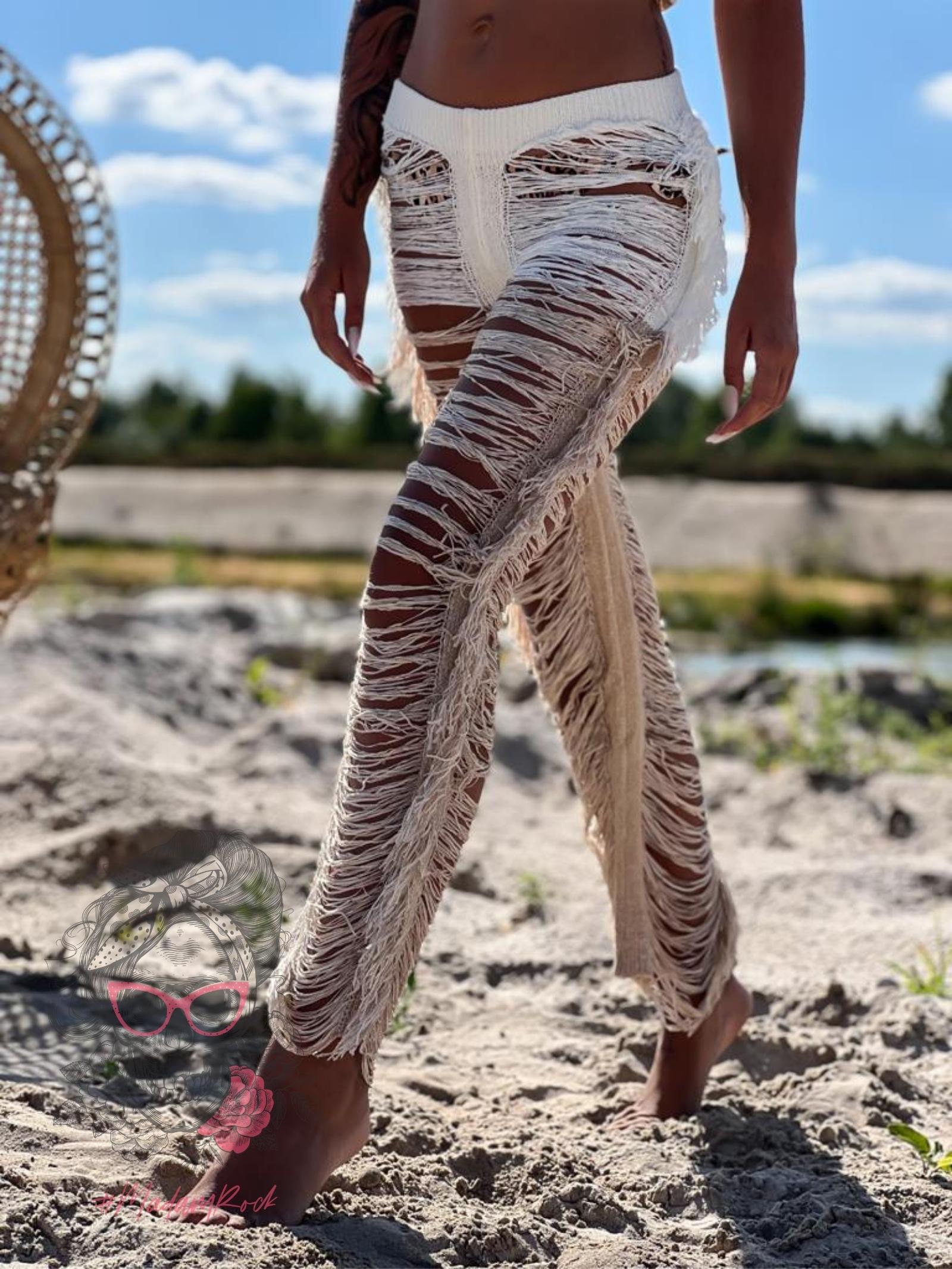 Spodnie sznurkowe z frędzlami Catch ecru-beżowe