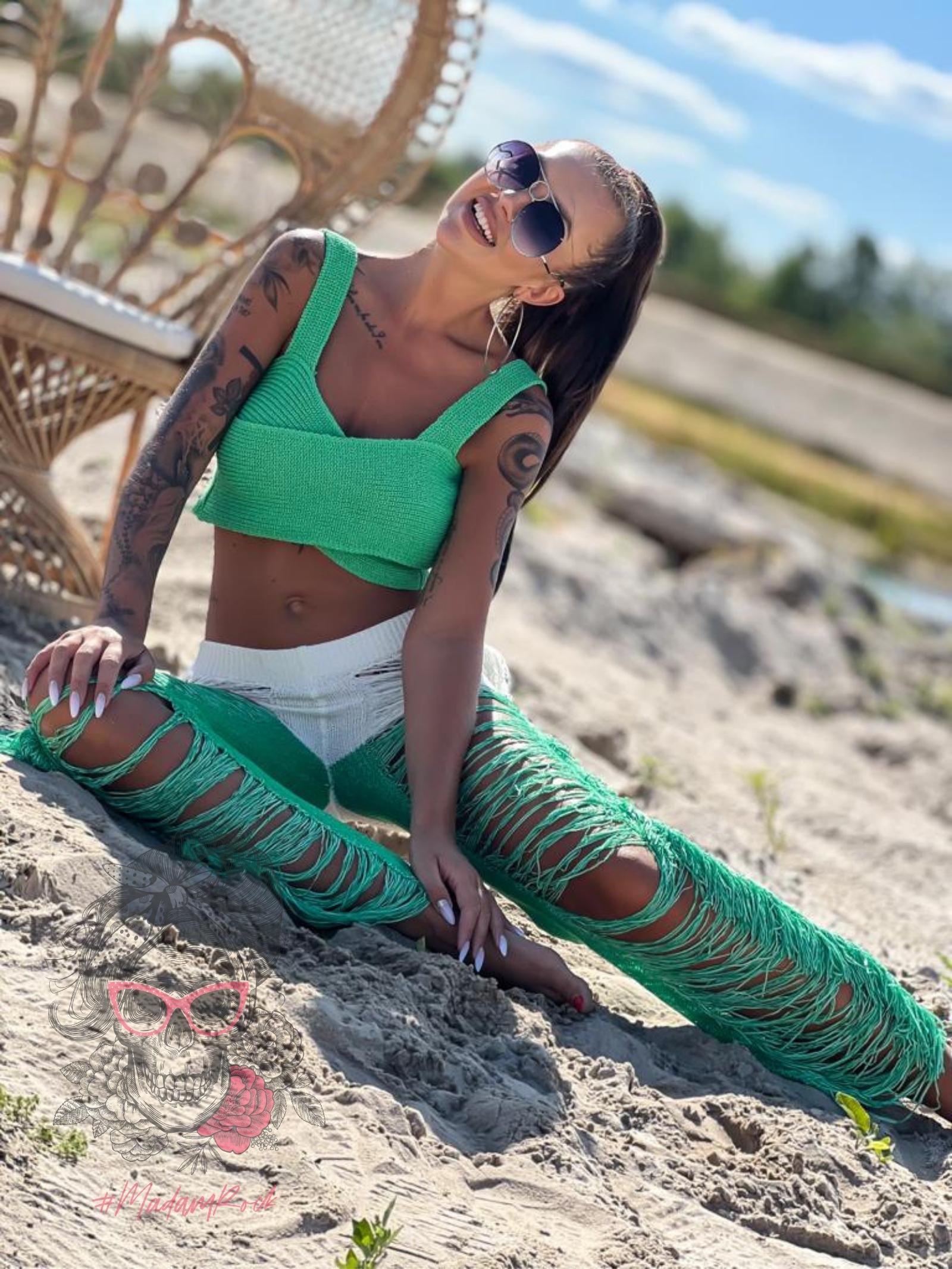 Spodnie sznurkowe z frędzlami Catch ecru-zielone Spodnie sznurkowe z frędzlami Catch ecru-zielone