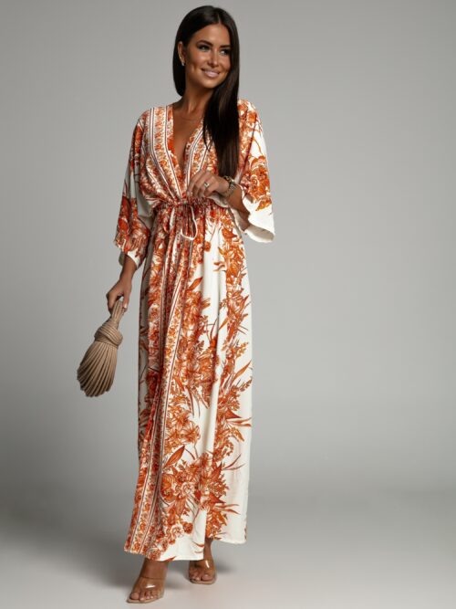 Sukienka maxi plażowa Havania biało-pomarańczowa