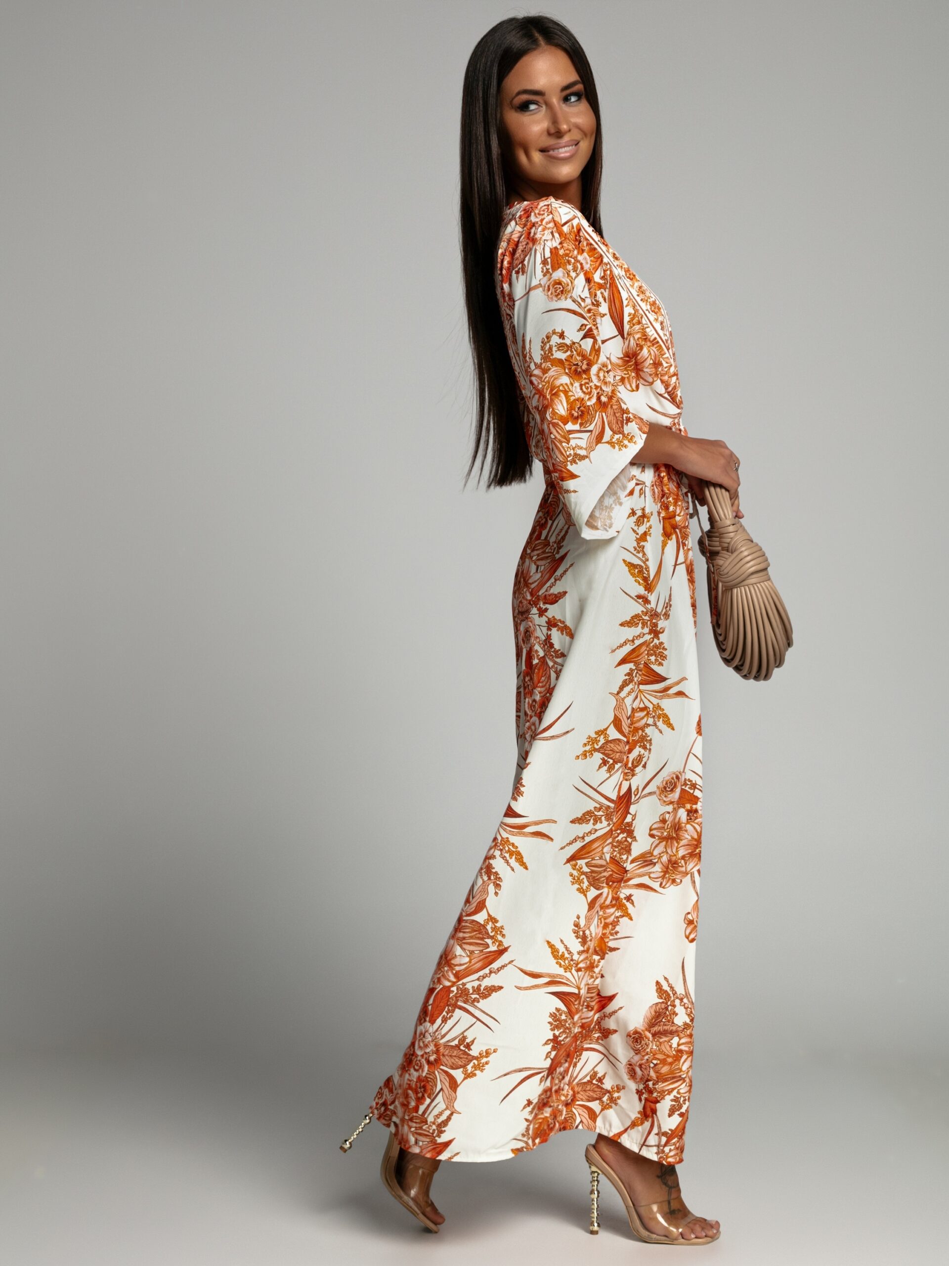 Sukienka maxi plażowa Havania biało-pomarańczowa