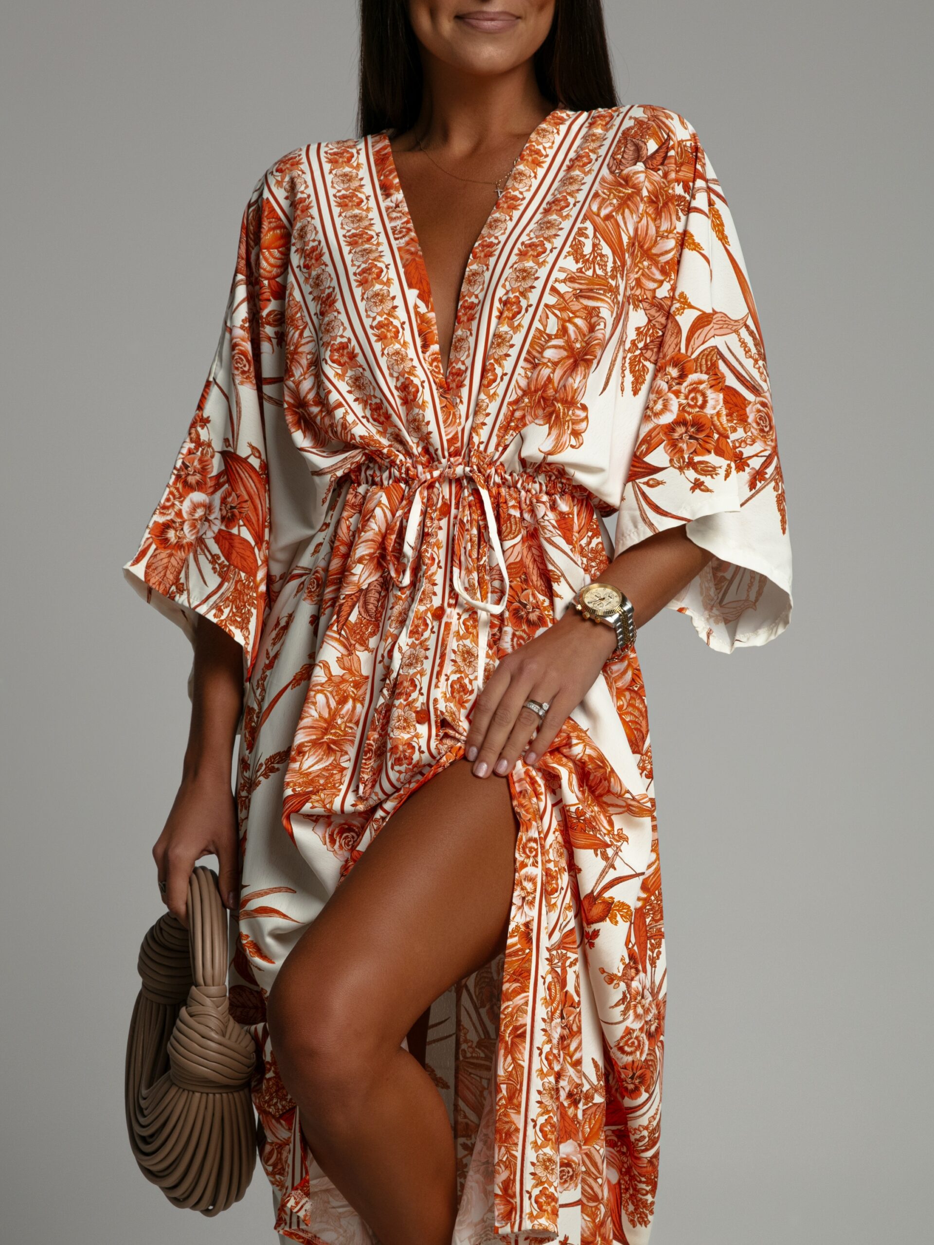 Sukienka maxi plażowa Havania biało-pomarańczowa