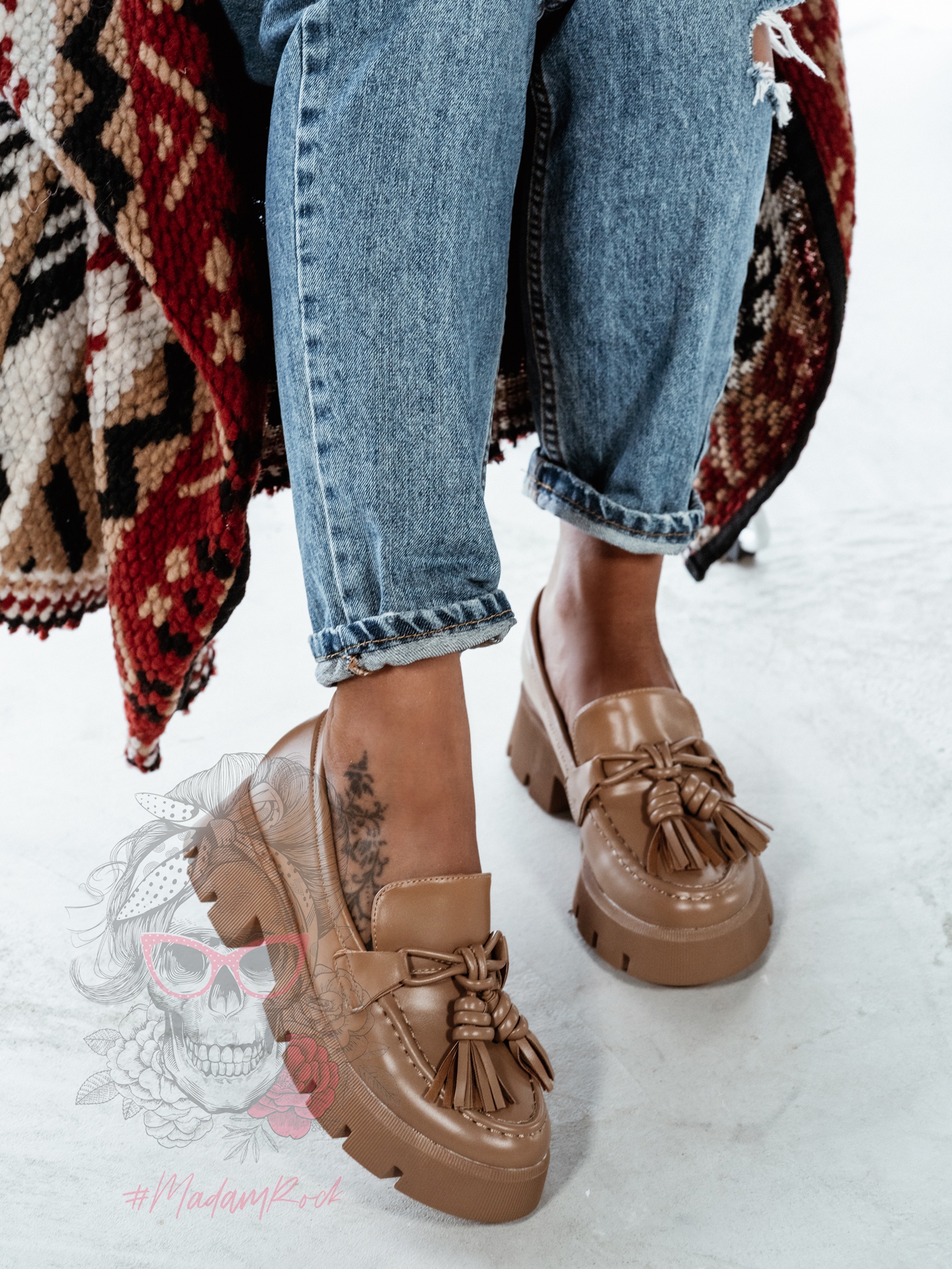 Mokasyny z frędzlami Madam Roed karmelowe