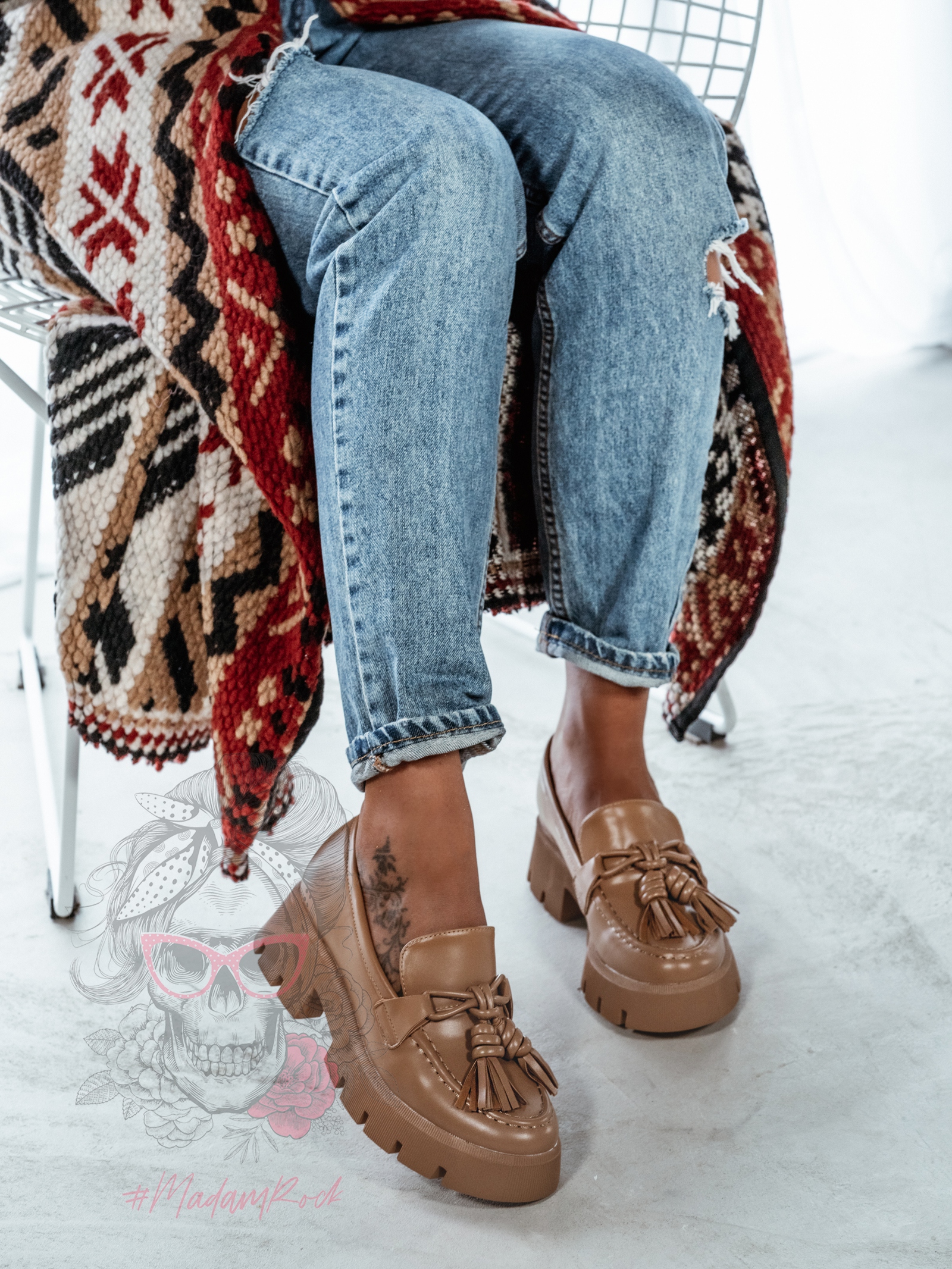 Mokasyny z frędzlami Madam Roed karmelowe