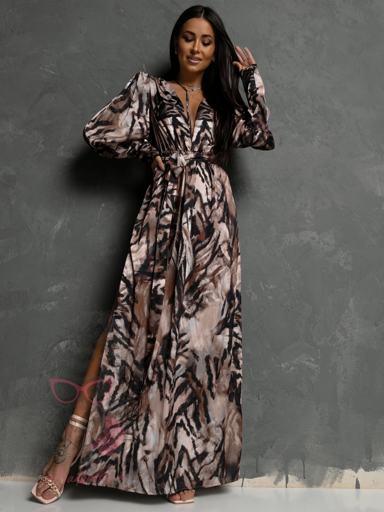 Sukienka maxi NB Frotis beżowo-brązowa