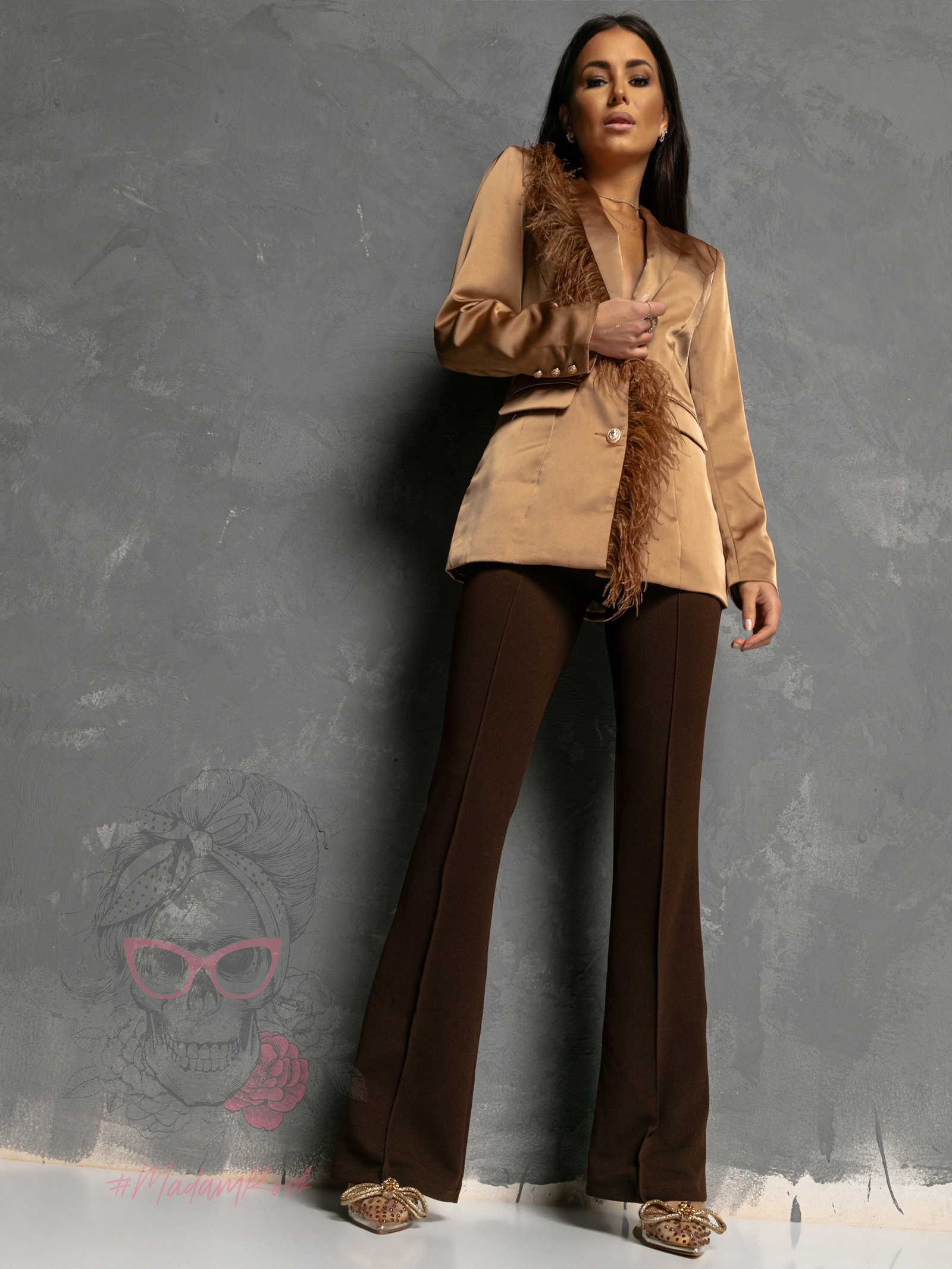 Marynarka satynowa z piórami Belinda karmelowa