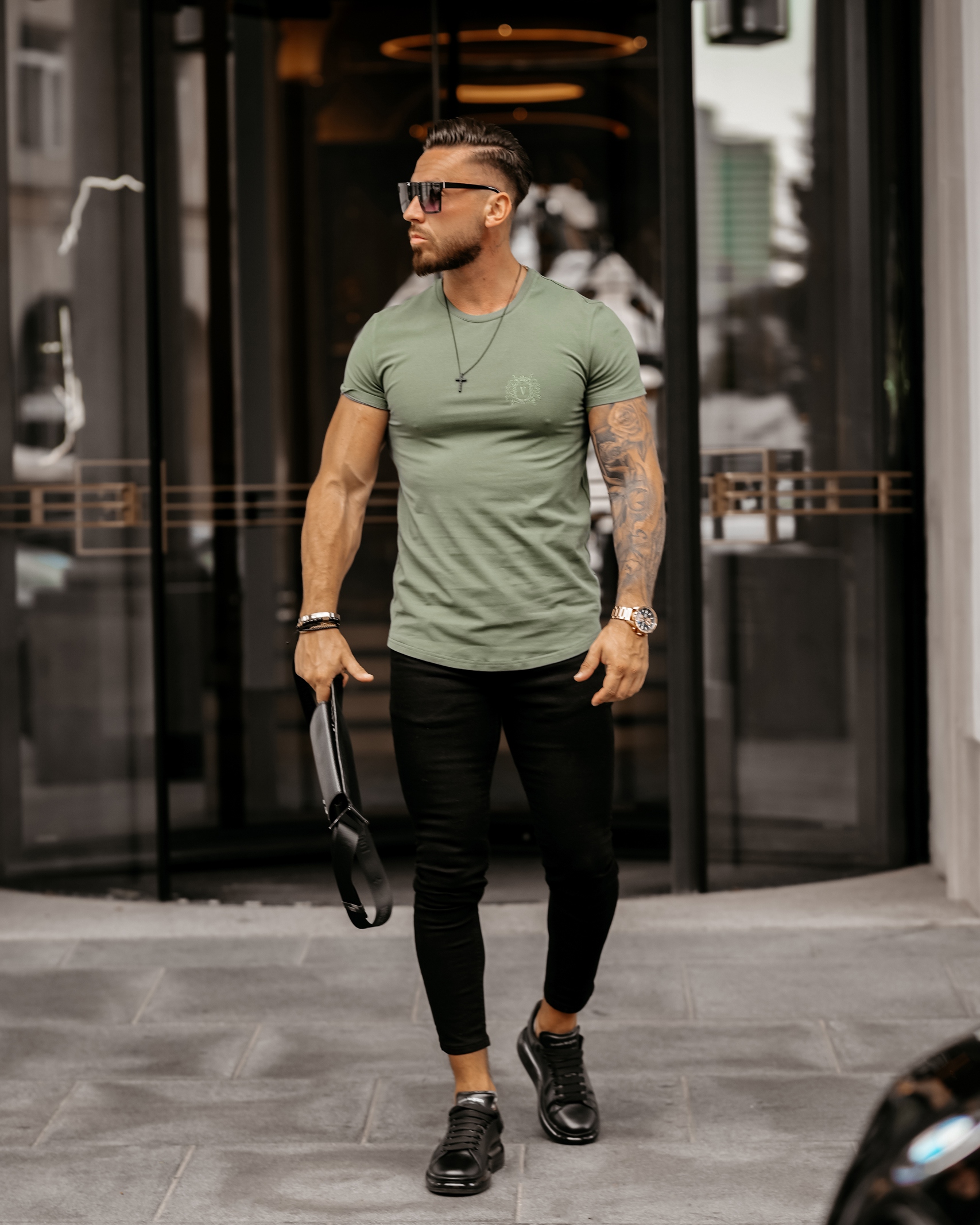 T-shirt bawełniany męski slim fit Cameo Ola Voga khaki