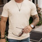 T-shirt męski bawełniany z aplikacją DLG Ola Voga beżowy