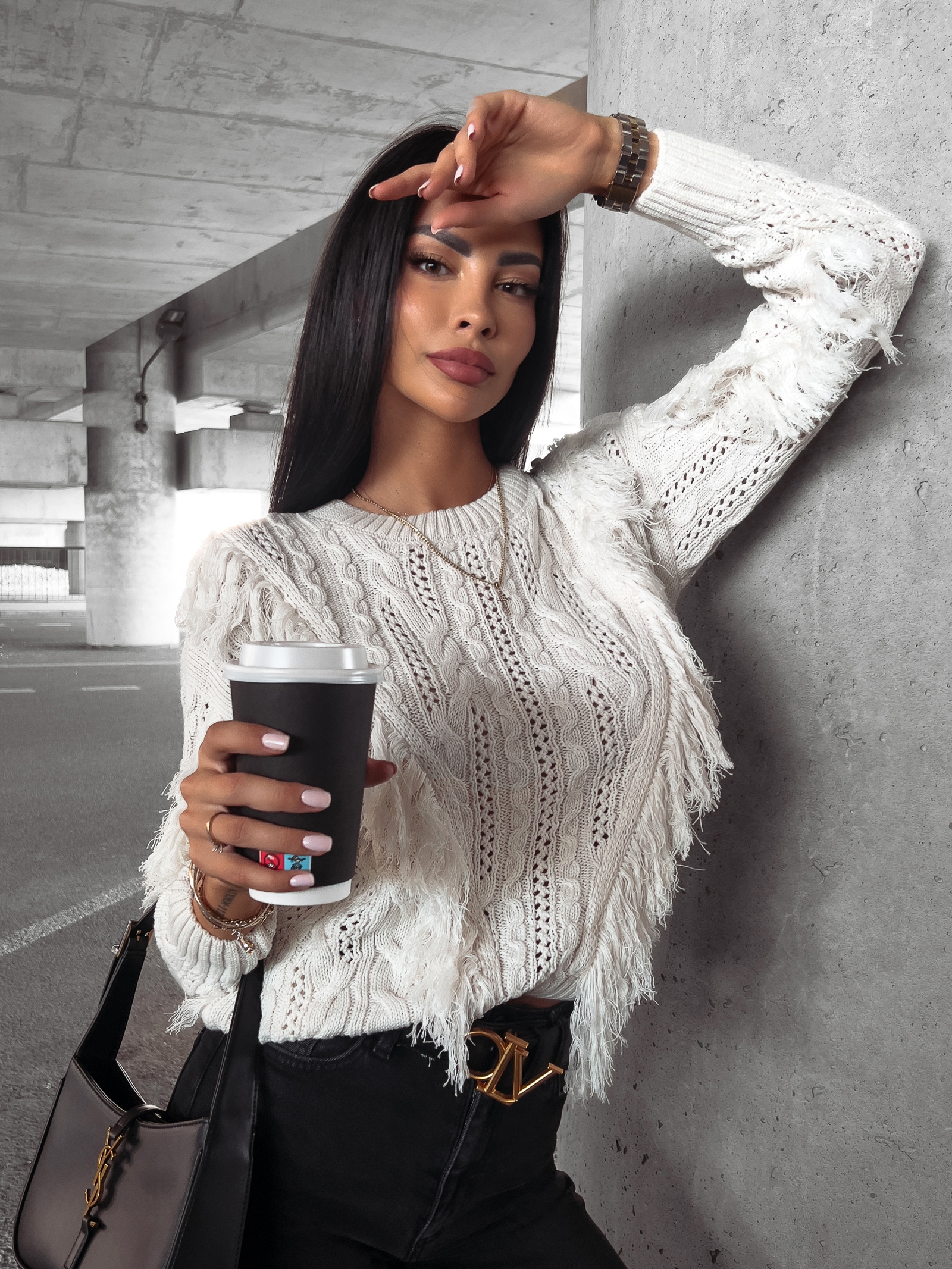 Sweter bawełniany z frędzlami Laren Ola Voga kremowy