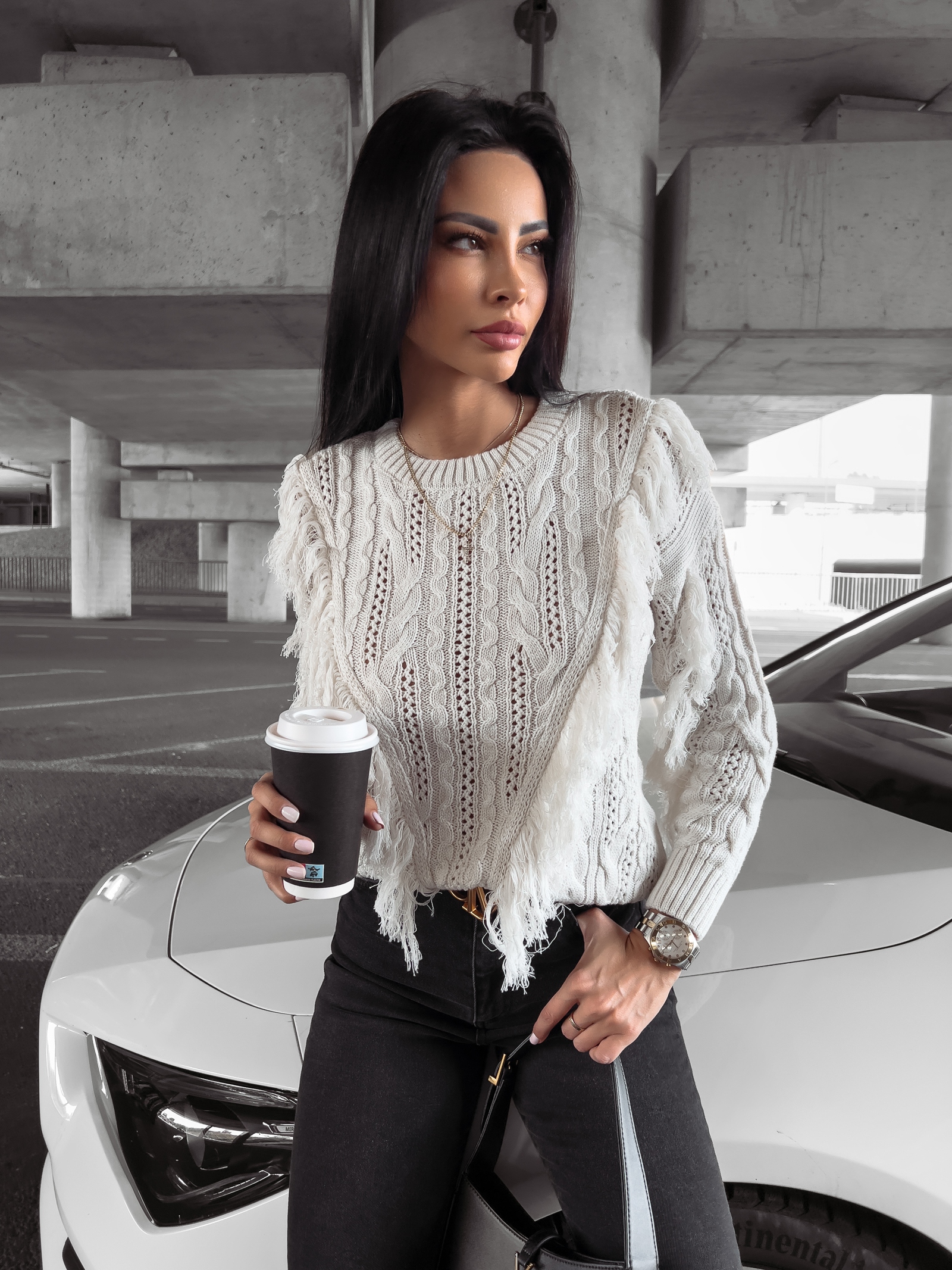 Sweter bawełniany z frędzlami Laren Ola Voga kremowy