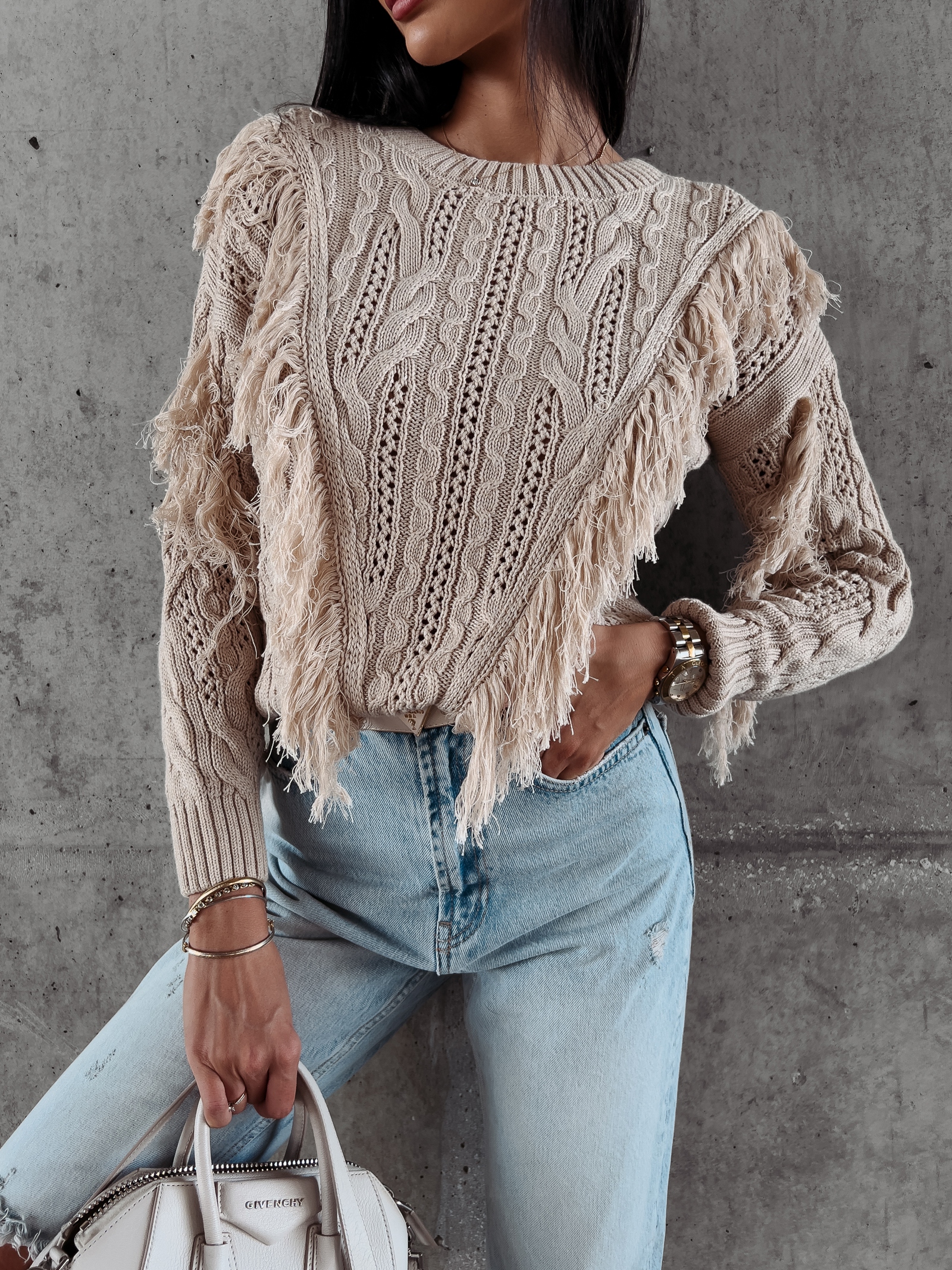 Sweter bawełniany z frędzlami Laren Ola Voga c.beżowy