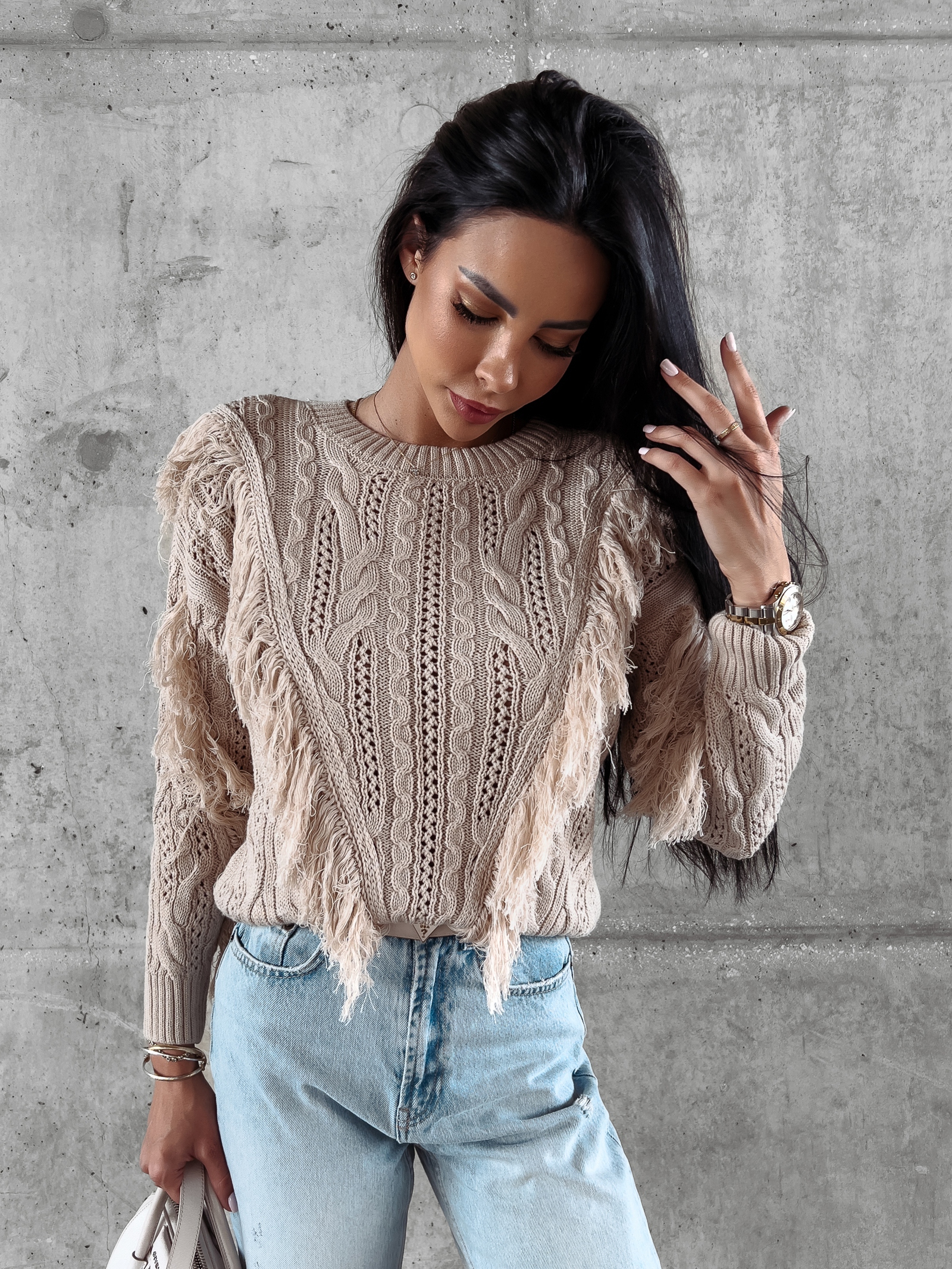 Sweter bawełniany z frędzlami Laren Ola Voga c.beżowy Sweter bawełniany z frędzlami Laren Ola Voga c.beżowy