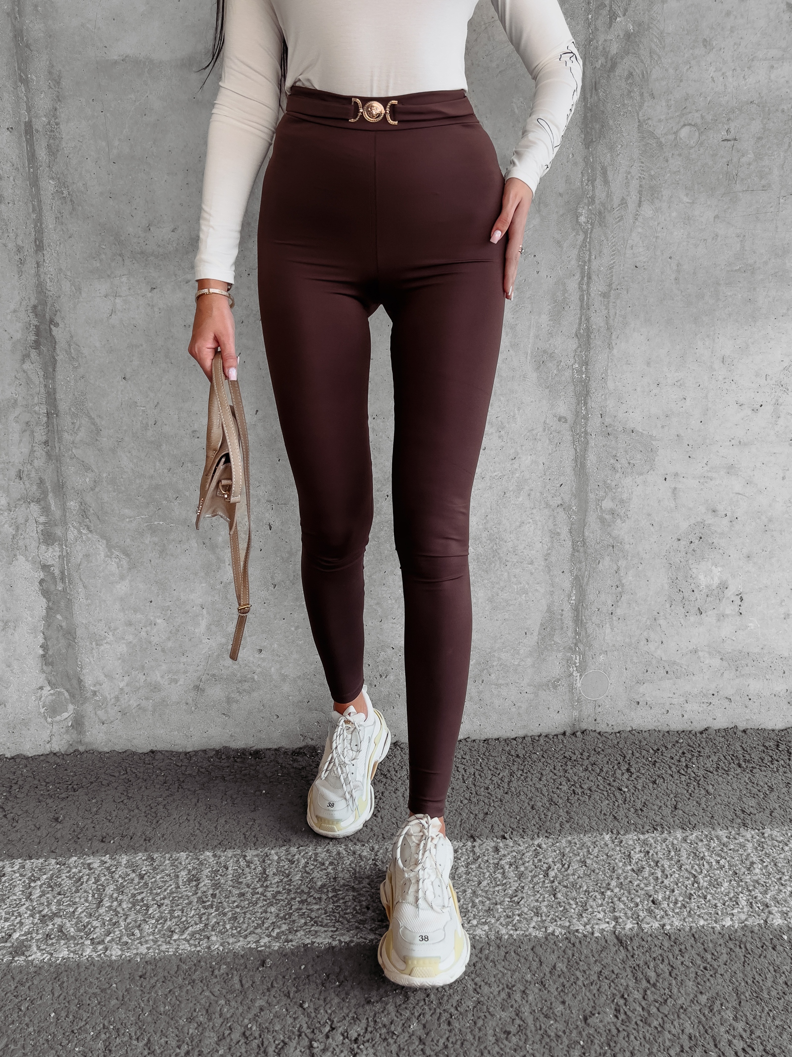 Legginsy połyskujące z klamrą Arleen Ola Voga brązowe