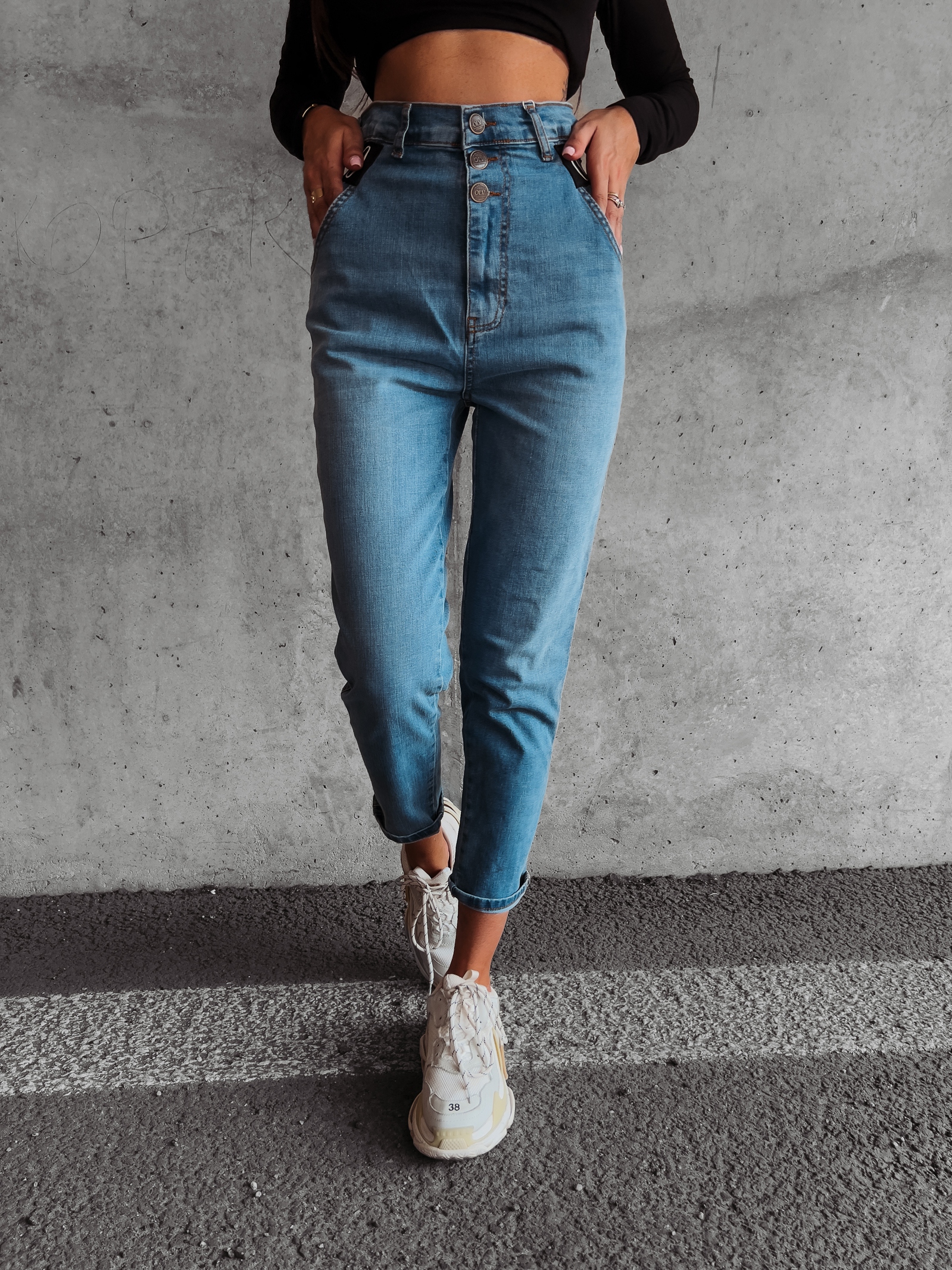 Spodnie jeansowe wysoki stan Graf Ola Voga niebieskie