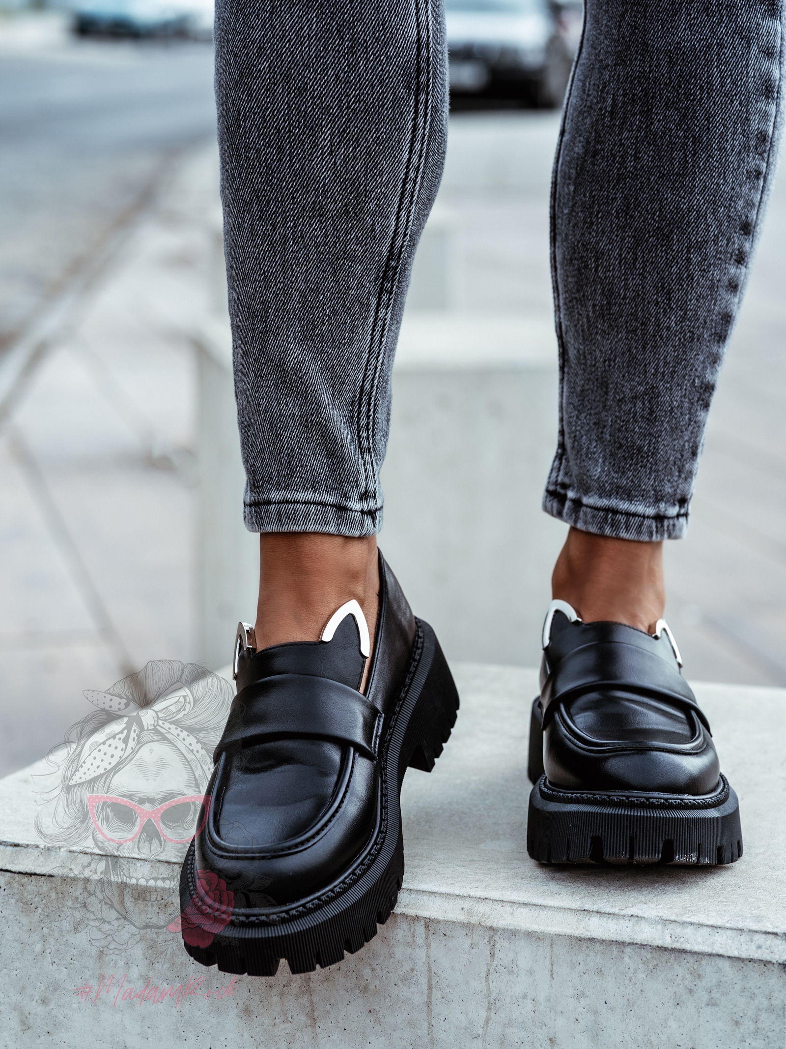 Mokasyny skórzane króliczki Rock Bony czarne