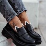 Mokasyny skórzane króliczki Rock Bony czarne