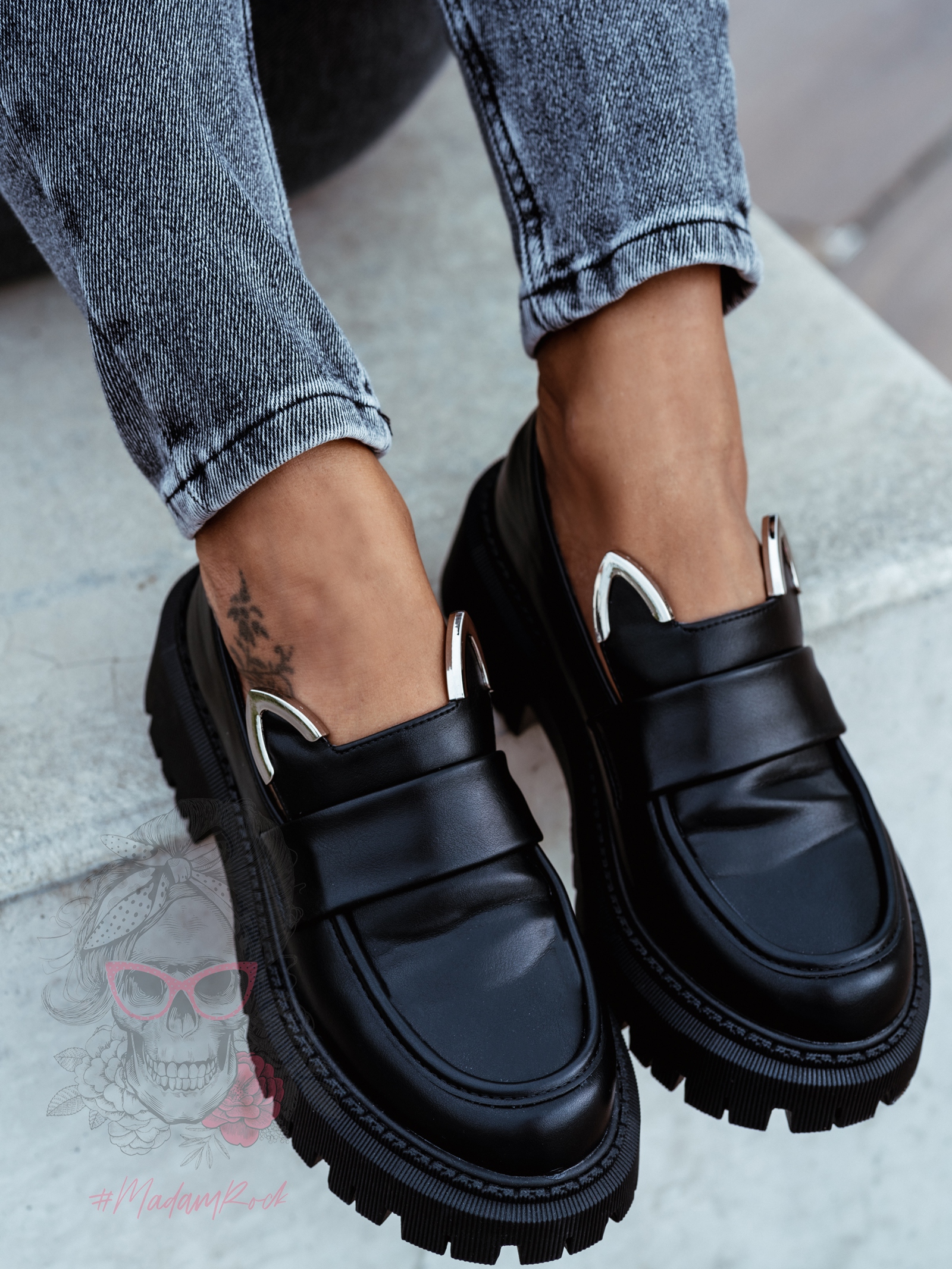 Mokasyny skórzane króliczki Rock Bony czarne Mokasyny skórzane króliczki Rock Bony czarne