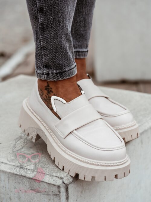 Mokasyny skórzane króliczki Rock Bony beżowe