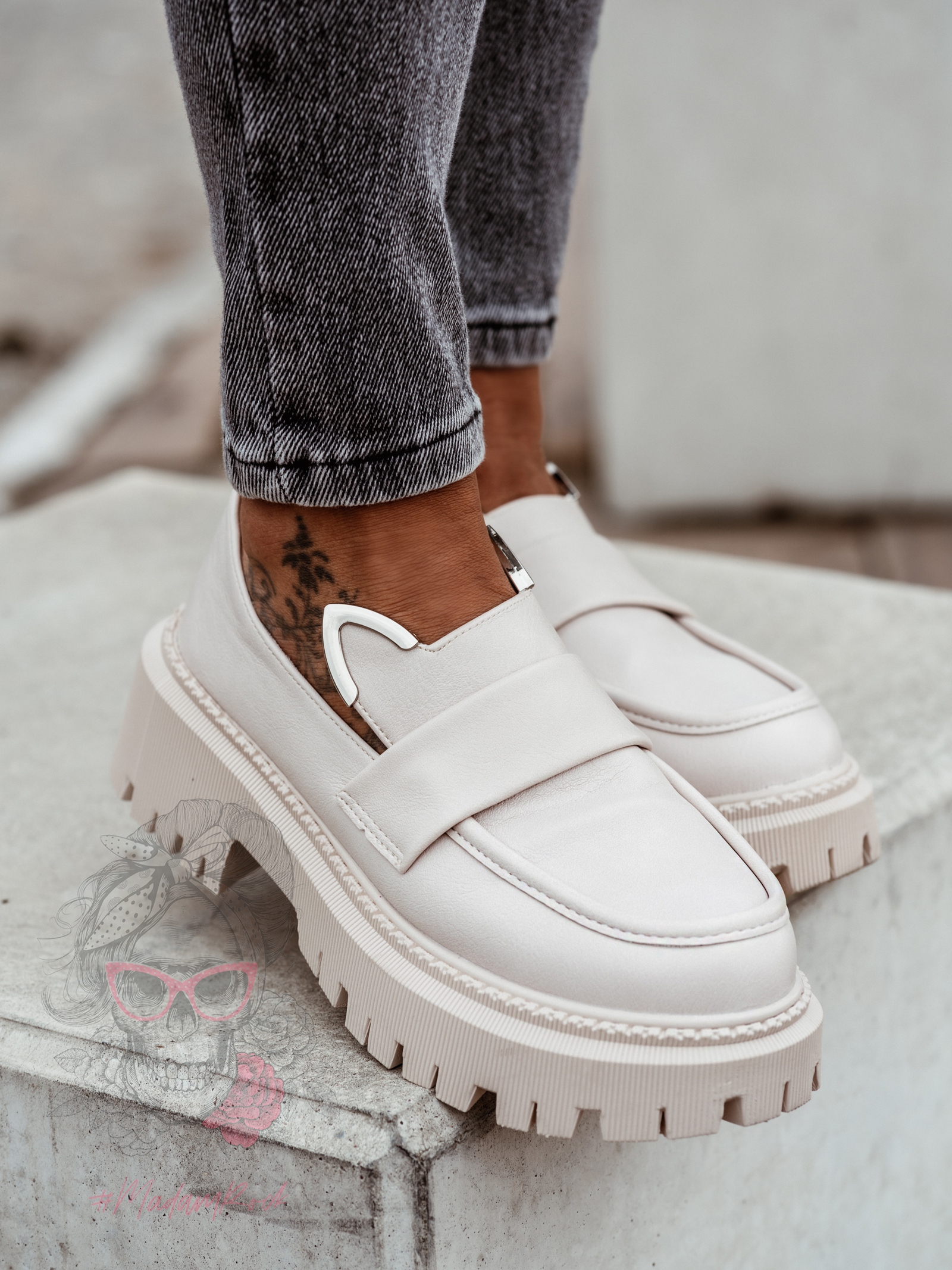 Mokasyny skórzane króliczki Rock Bony beżowe