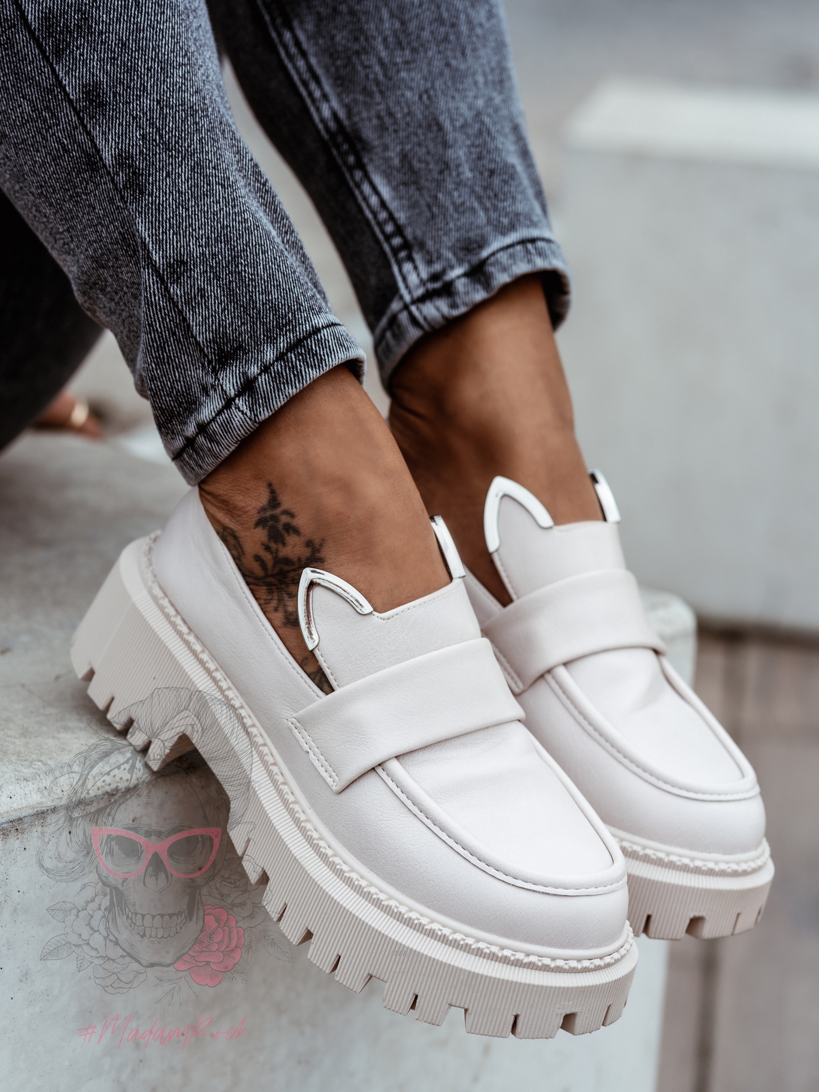 Mokasyny skórzane króliczki Rock Bony beżowe