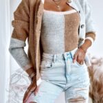 Komplet sweter + top Milk Choco pastelowy karmel-szary