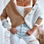 Komplet sweter + top Milk Choco pastelowy karmel-szary