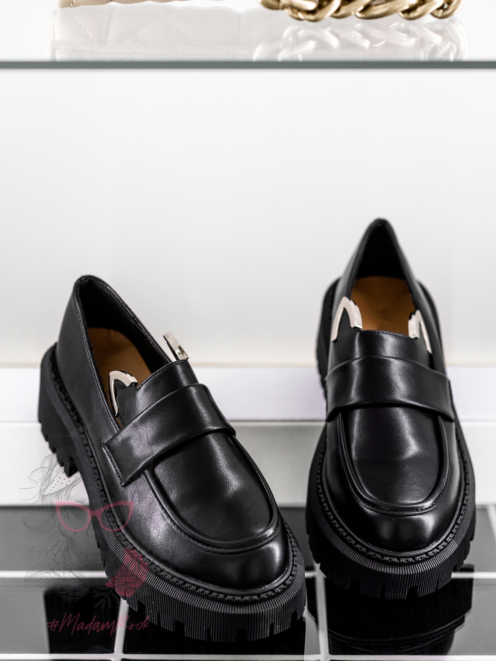 Mokasyny skórzane króliczki Rock Bony czarne