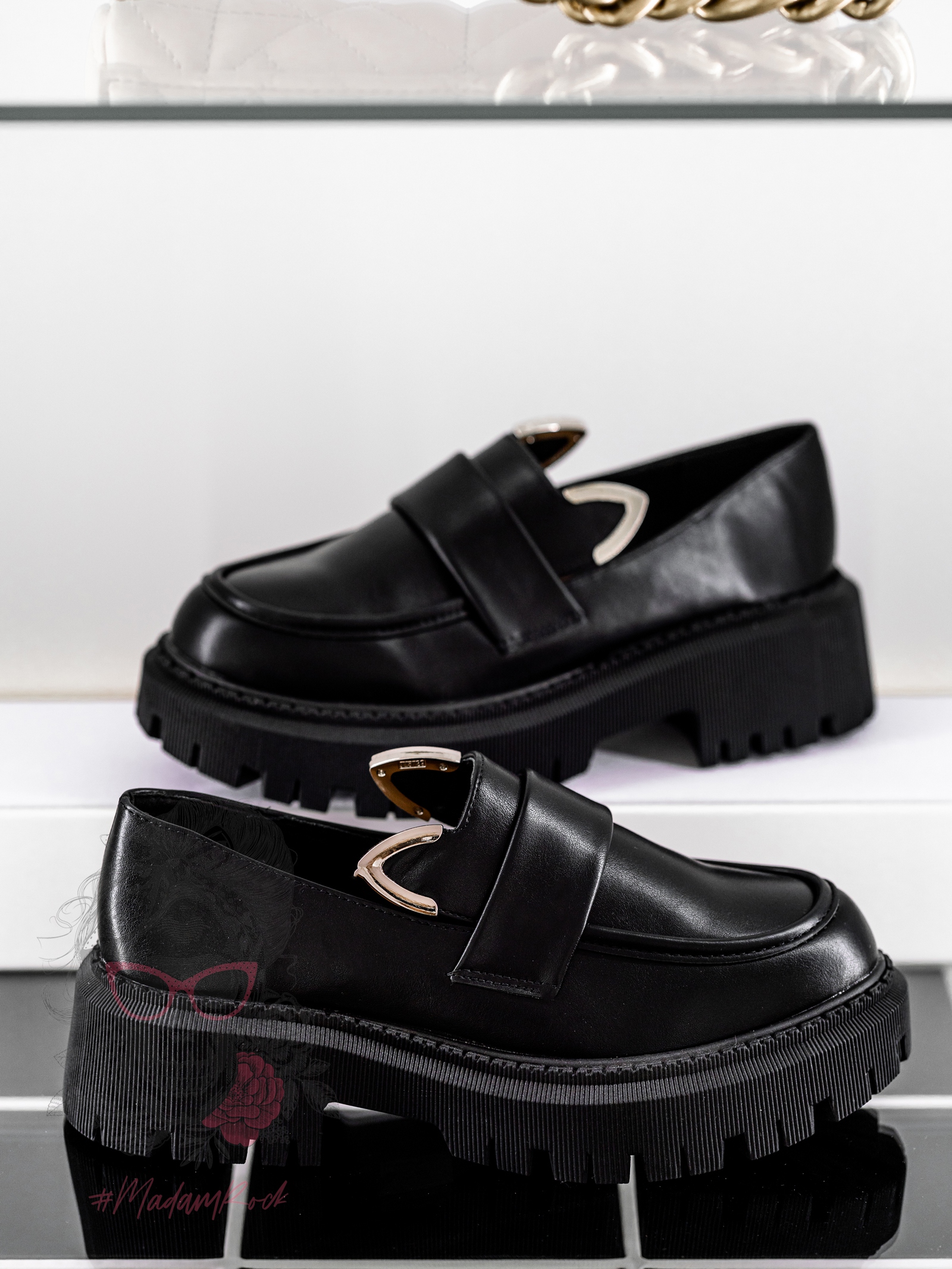 Mokasyny skórzane króliczki Rock Bony czarne