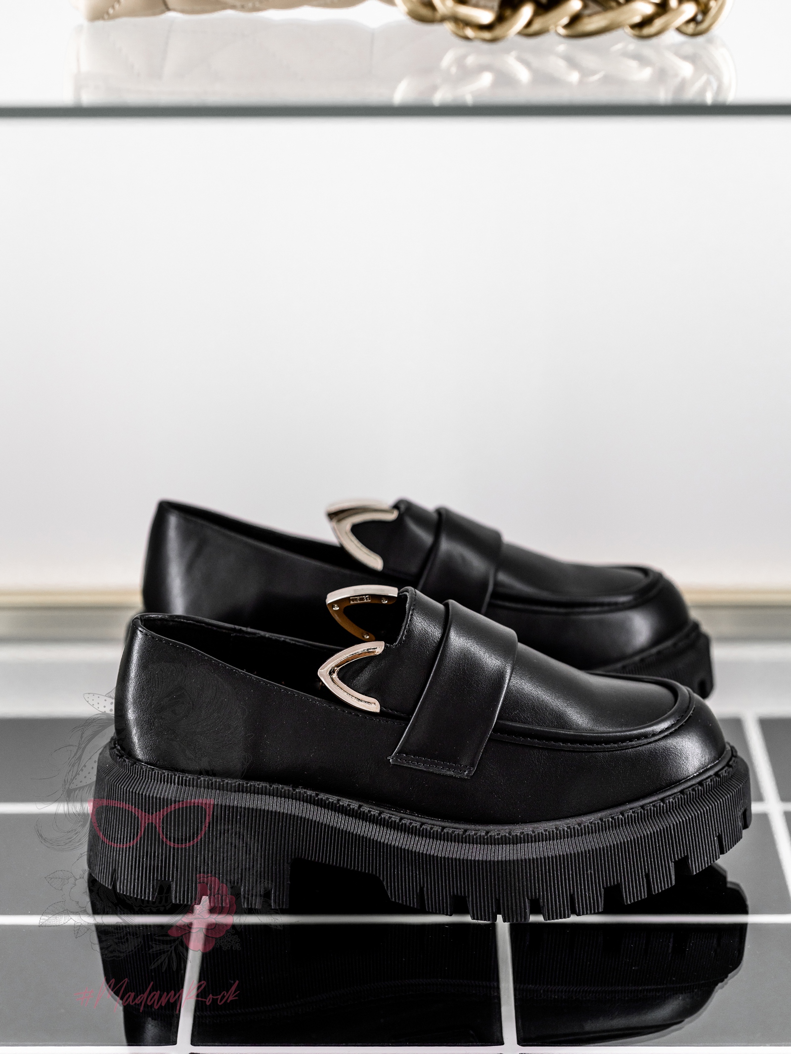 Mokasyny skórzane króliczki Rock Bony czarne