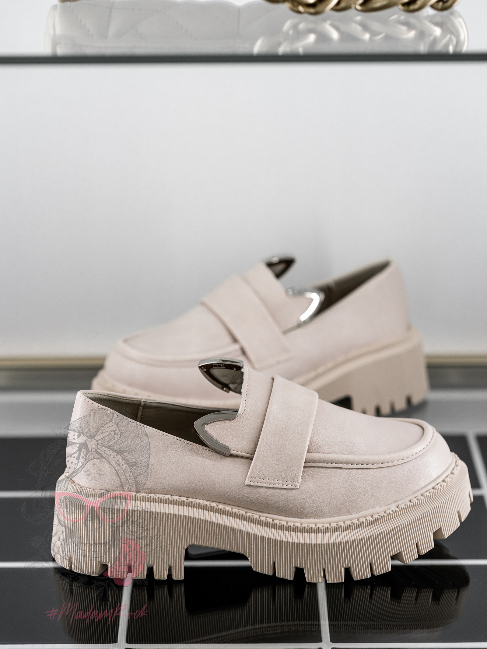 Mokasyny skórzane króliczki Rock Bony beżowe