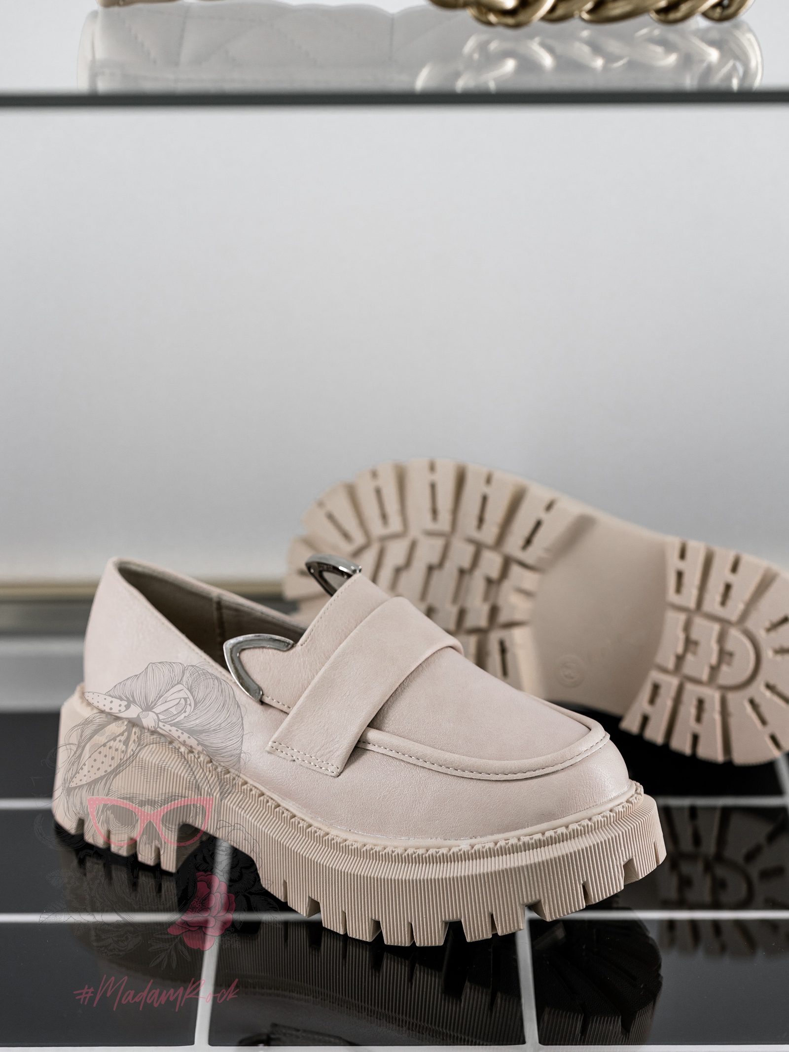 Mokasyny skórzane króliczki Rock Bony beżowe