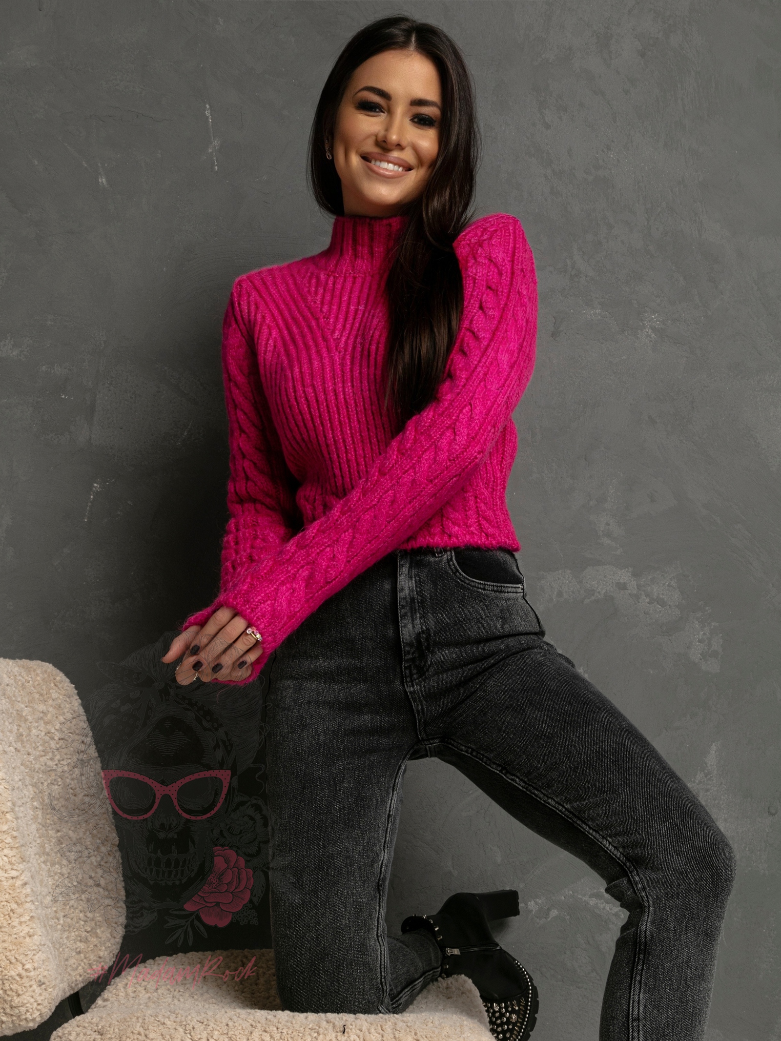 Sweter pleciony krótki Talis fuksja