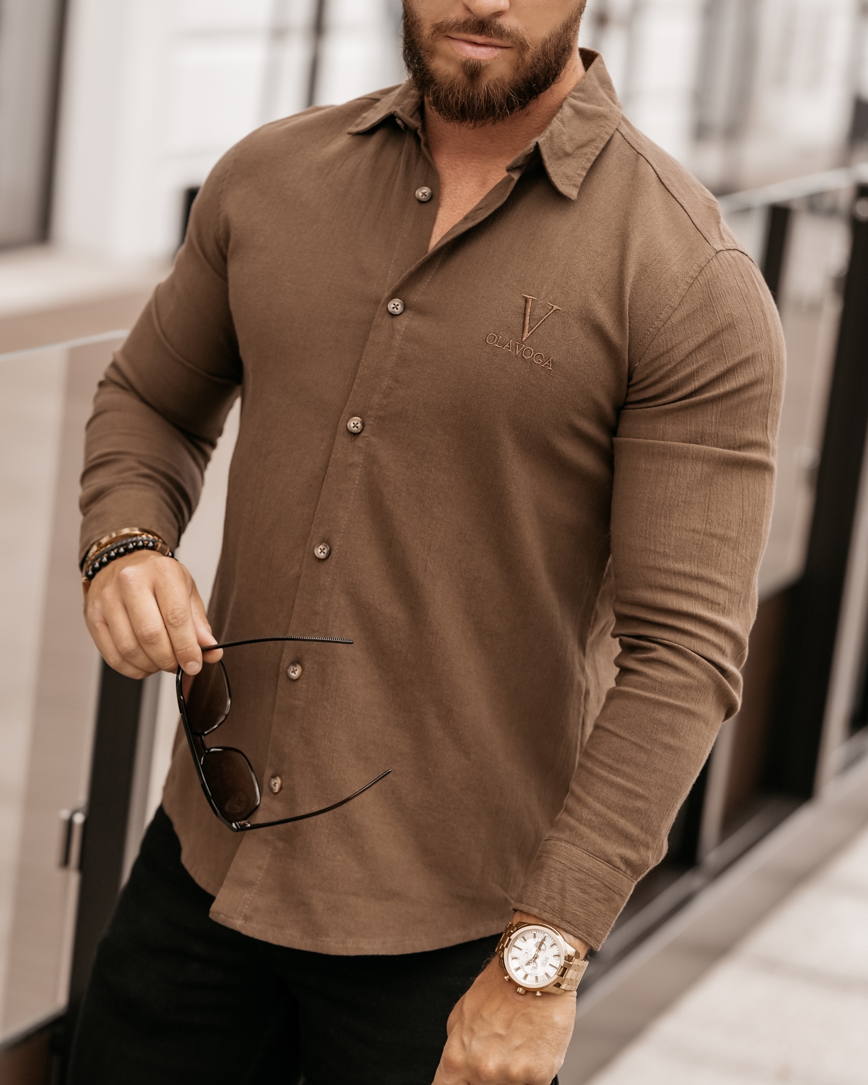 Koszula bawełniana męska slim fit Otis Ola Voga brązowa