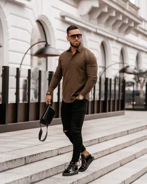 Koszula bawełniana męska slim fit Otis Ola Voga brązowa