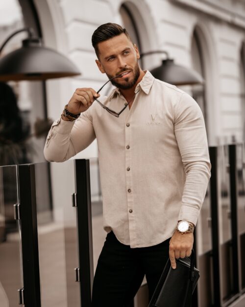 Koszula bawełniana męska slim fit Otis Ola Voga beżowa