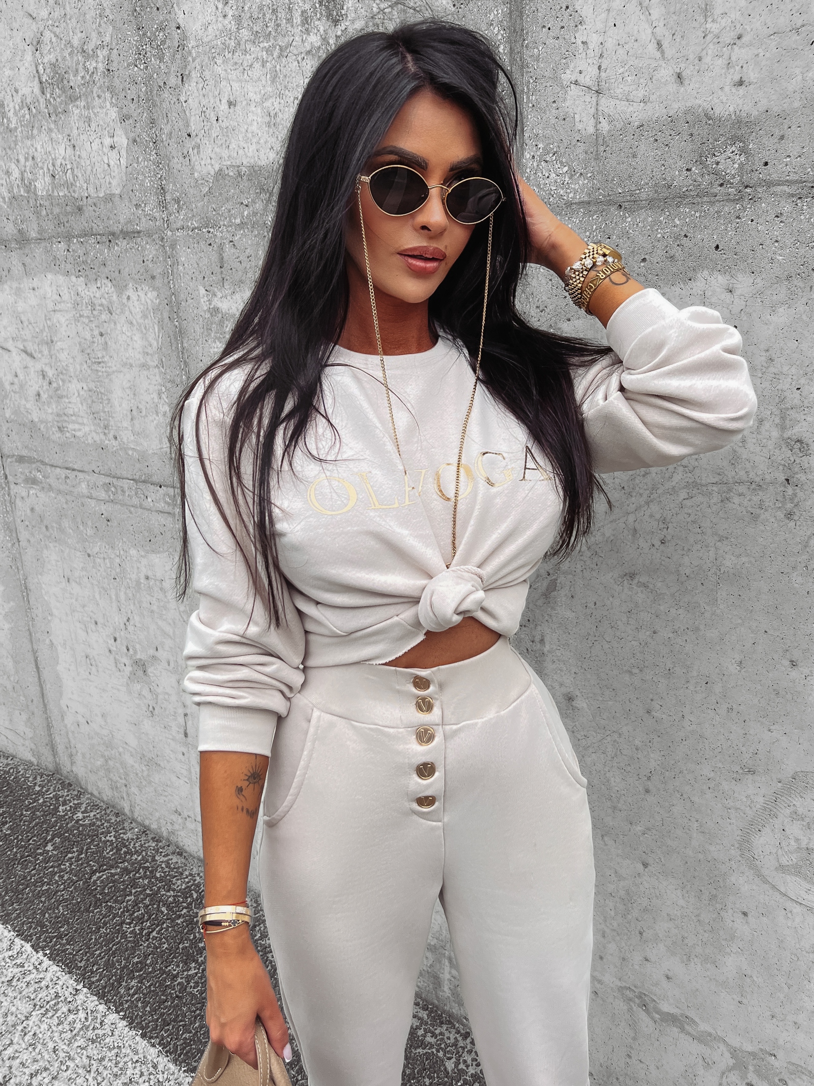 Bluza bawełniana damska złoty nadruk Canella Ola Voga beżowa