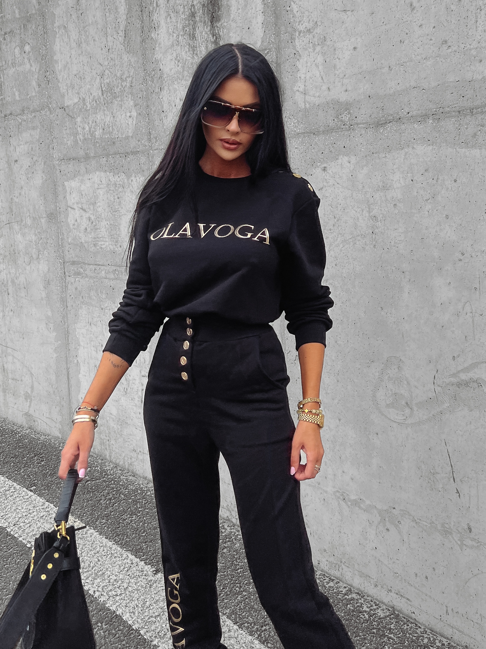 Bluza bawełniana damska złoty nadruk Canella Ola Voga czarna