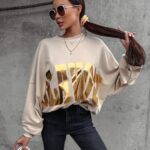 Bluza bawełniana oversize złoty nadruk Varis Ola Voga beżowa