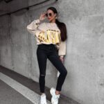 Bluza bawełniana oversize złoty nadruk Varis Ola Voga beżowa