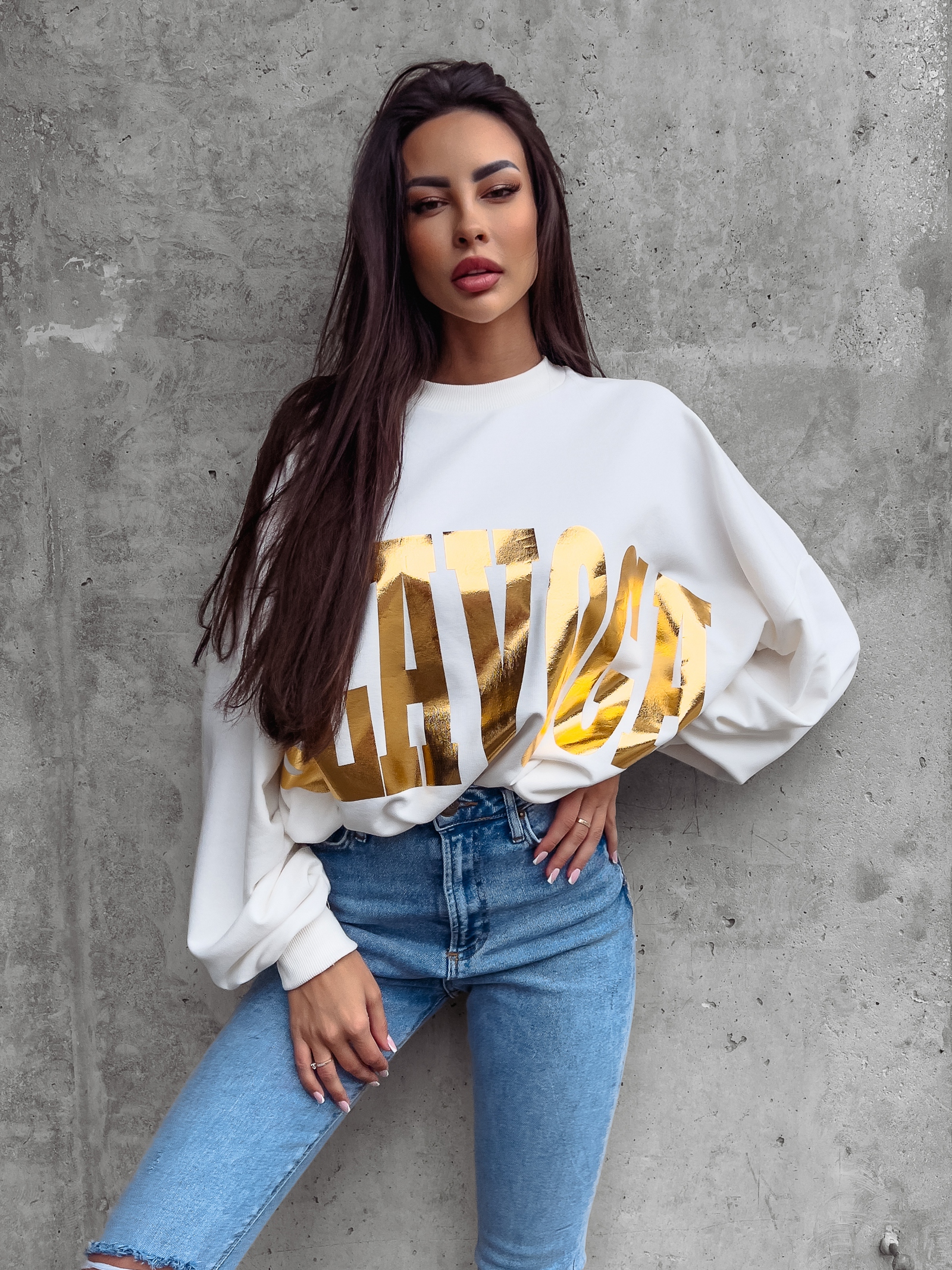 Bluza bawełniana oversize złoty nadruk Varis Ola Voga ecru