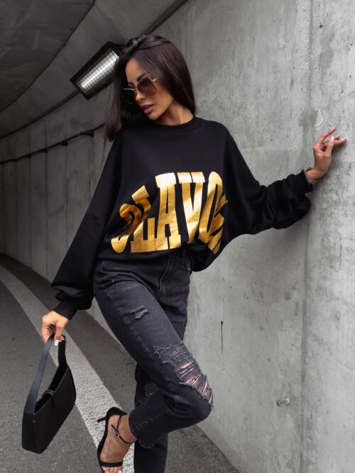 Bluza bawełniana oversize złoty nadruk Varis Ola Voga czarna