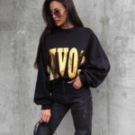 Bluza bawełniana oversize złoty nadruk Varis Ola Voga czarna