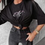 T-shirt damski bawełniany oversize z nadrukiem Rosu Ola Voga czarny