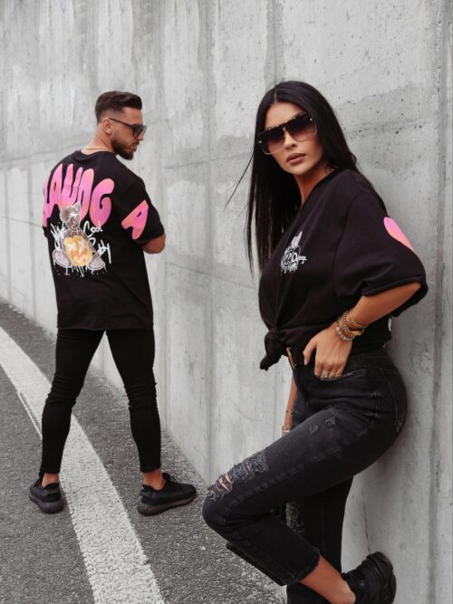 T-shirt bawełniany unisex różowy nadruk Sirty Ola Voga czarny